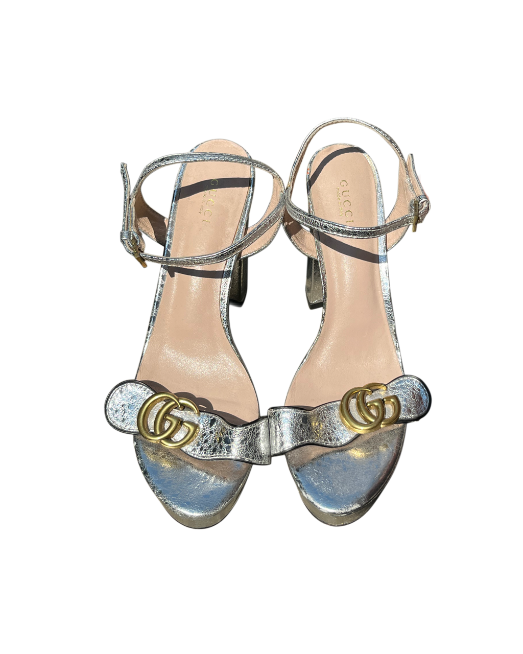 Gucci Marmont Metallic Silver Block Heel Sandals