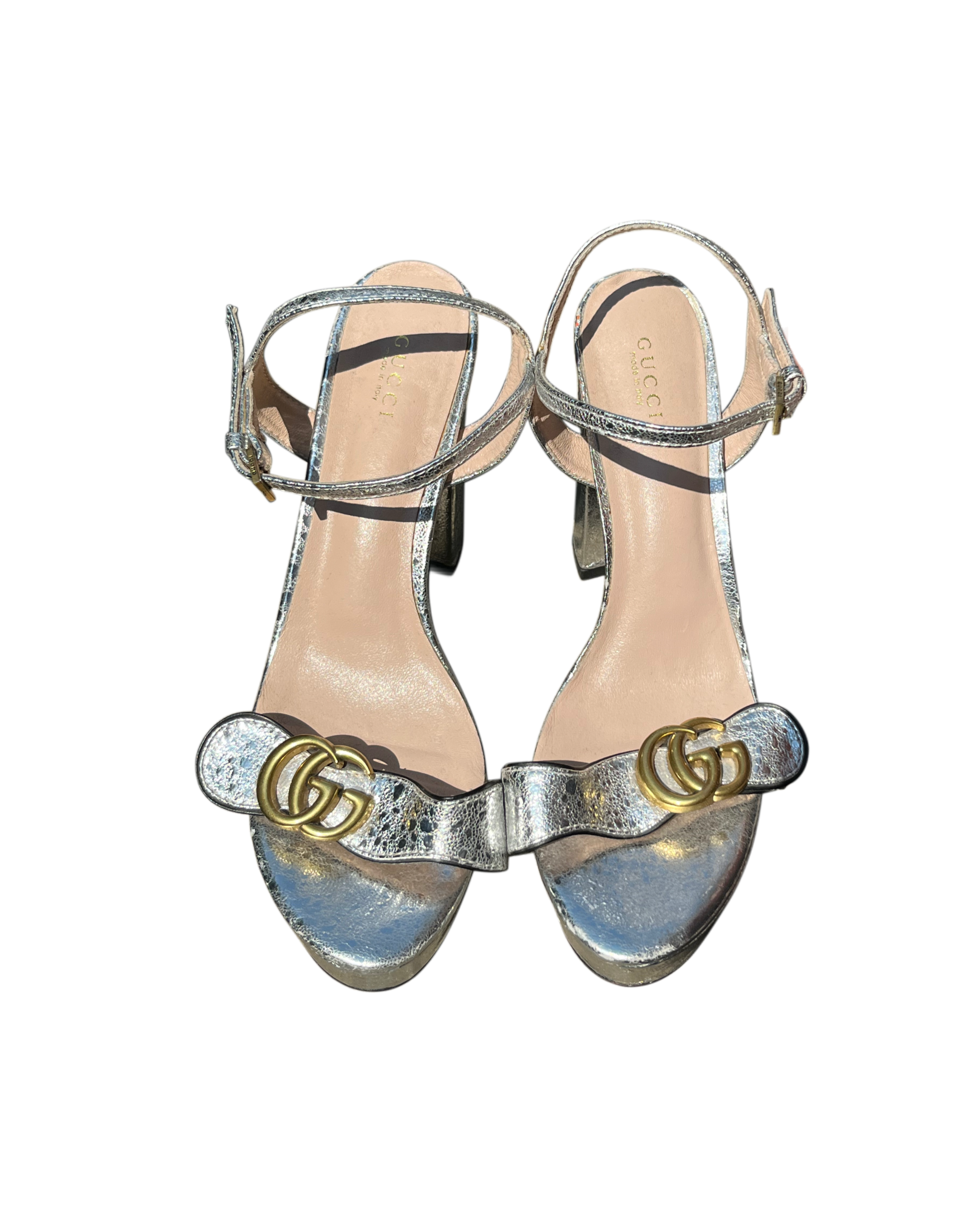 Gucci Marmont Metallic Silver Block Heel Sandals
